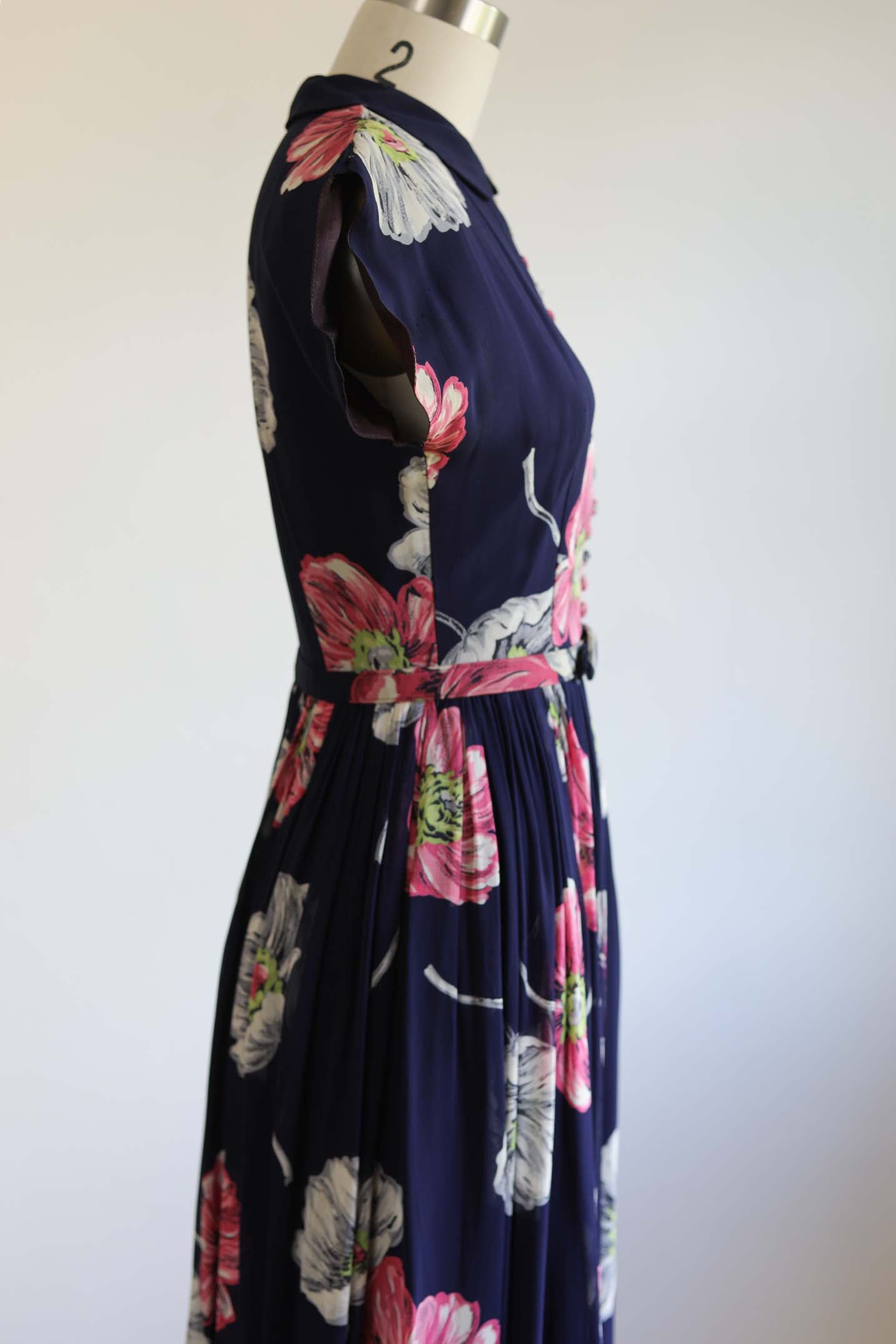 Vintage 1940s Dress - Luscious Midnight Cobalt + Chartreuse/Lime Massive Peony Flower Print Sundress Size XS to S