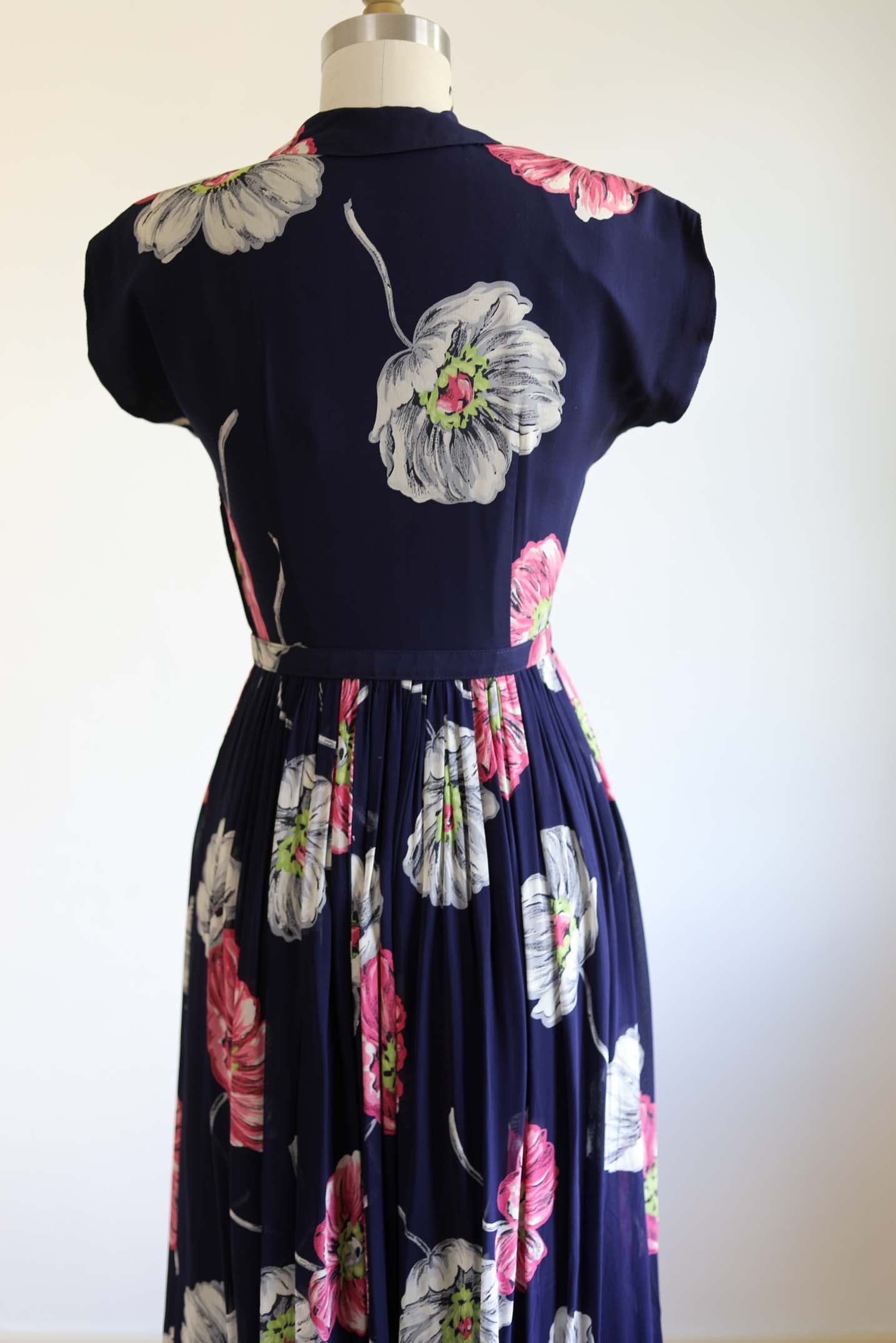 Vintage 1940s Dress - Luscious Midnight Cobalt + Chartreuse/Lime Massive Peony Flower Print Sundress Size XS to S