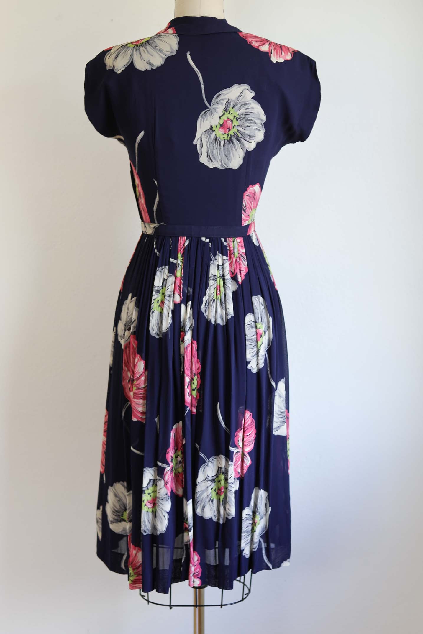 Vintage 1940s Dress - Luscious Midnight Cobalt + Chartreuse/Lime Massive Peony Flower Print Sundress Size XS to S