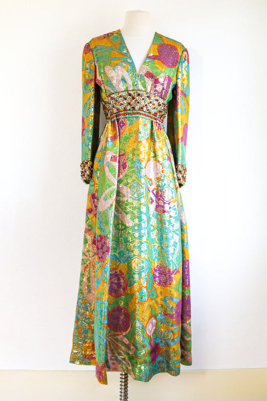 Vintage 1960s Designer Statement Gown - Documented Elinor Simmons for Malcolm Starr Gold Lamé Beaded Empire Dress Size M to L