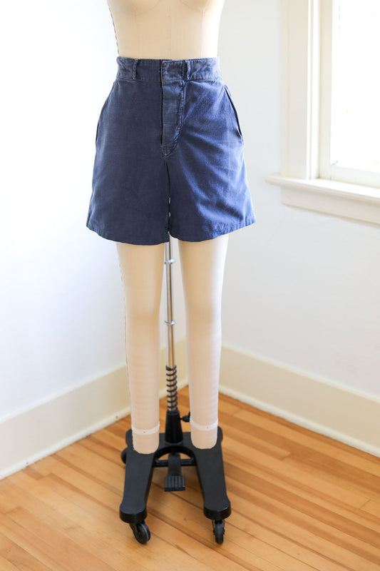 RARE CINCHED-WAIST Vintage 1940s Well-Worn Swedish Armed Forces Workwear Indigo Blue Denim Button-Fly Cotton Shorts -- Choose Your Pair! Size M to L