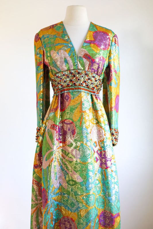 Vintage 1960s Designer Statement Gown - Documented Elinor Simmons for Malcolm Starr Gold Lamé Beaded Empire Dress Size M to L