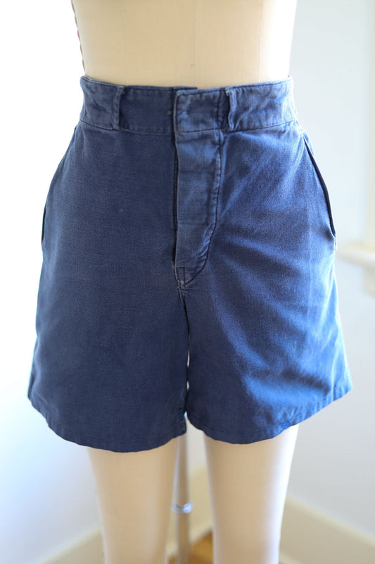 RARE Vintage 1940s Well-Worn Swedish Armed Forces Workwear Indigo Blue Denim Button-Fly Cotton Shorts -- Choose Your Pair! Size M to L