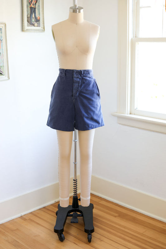 RARE Vintage 1940s Well-Worn Swedish Armed Forces Workwear Indigo Blue Denim Button-Fly Cotton Shorts -- Choose Your Pair! Size M to L