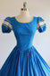 Vintage 1950s Dress - Folksy Saturated Blue + Yellow Calico Black Flowers + Bow Print Cotton Crochet Lace Sundress Size S