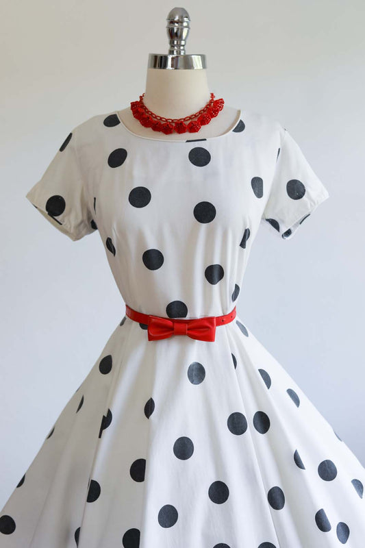 Vintage 1950s Dress - Charcoal White Polka Dot Cotton Circle Skirt Sundress w Rear Bows Size L to XL