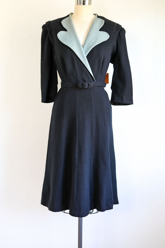 Vintage 1940s Deadstock Knit Dress - Gorgeous Delphite + Black Belted Knitwear Wool Dress Size L to XL