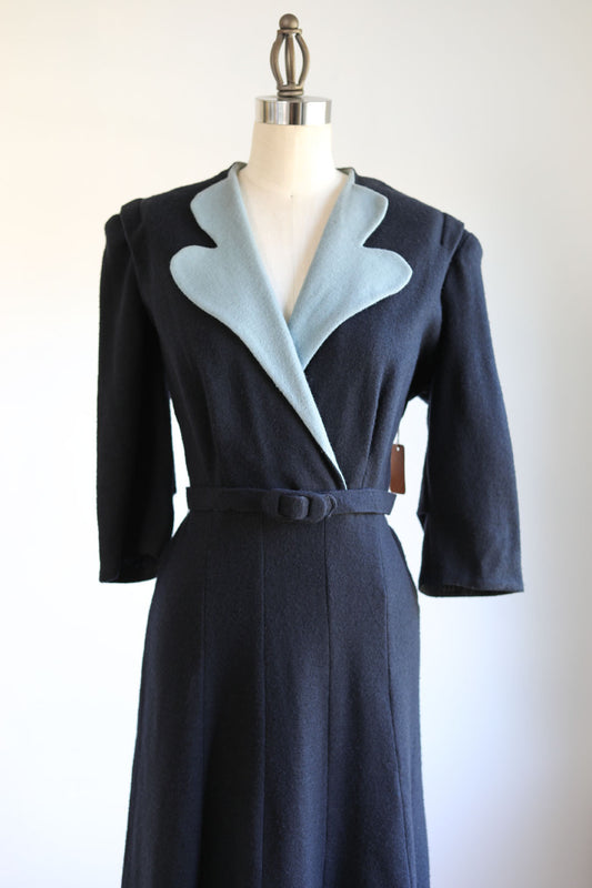 Vintage 1940s Deadstock Knit Dress - Gorgeous Delphite + Black Belted Knitwear Wool Dress Size L to XL