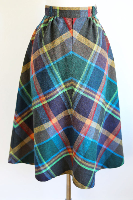 Vintage 1970s Skirt - Cozy Wool Rainbow Autumn Plaid Bias High Waist Size Small