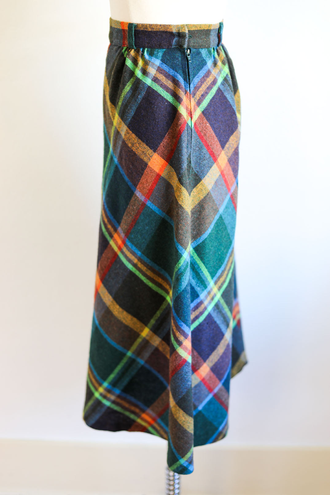 Vintage 1970s Skirt - Cozy Wool Rainbow Autumn Plaid Bias High Waist Size Small