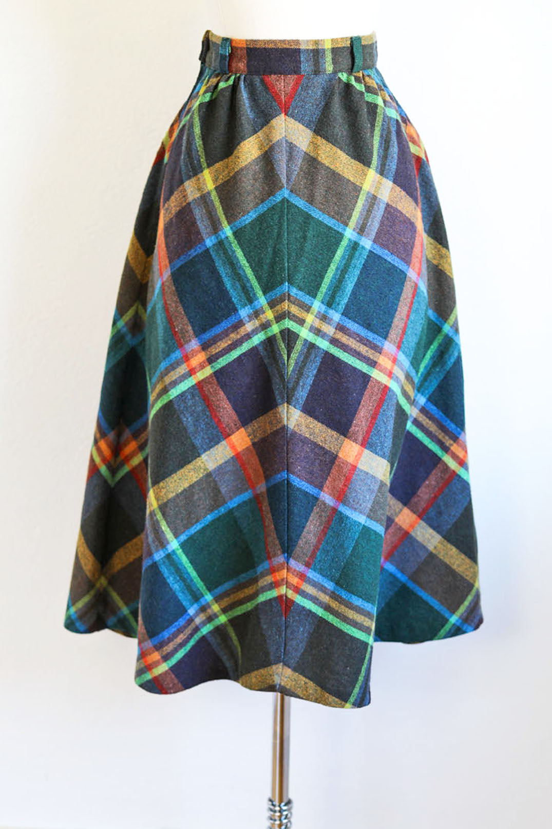 Vintage 1970s Skirt - Cozy Wool Rainbow Autumn Plaid Bias High Waist Size Small
