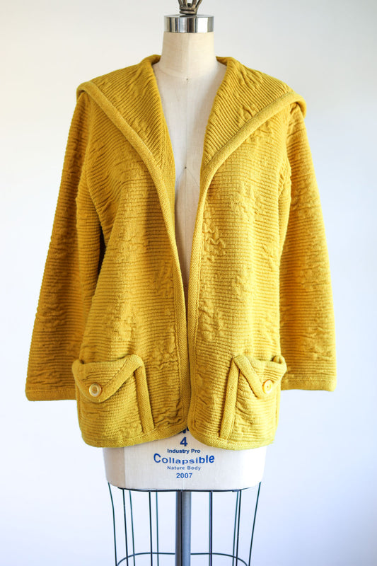 Vintage 1960s Sweater Coat - Adorable Marigold Nubbly Knit Cardigan w Lucite Button Pockets Size S to L