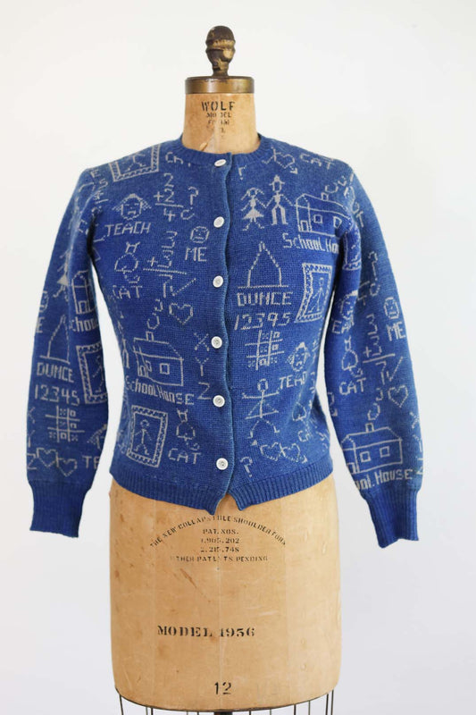 RARE Vintage 1940s Jantzen School Daze Sweater - Adorable Blue White Wool Jacquard School-Themed Cardigan Fits Size XS S M