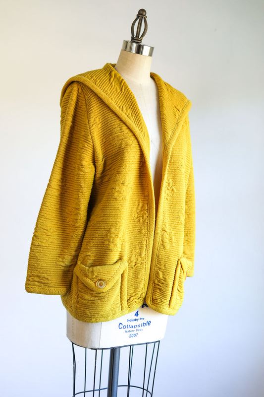 Vintage 1960s Sweater Coat - Adorable Marigold Nubbly Knit Cardigan w Lucite Button Pockets Size S to L