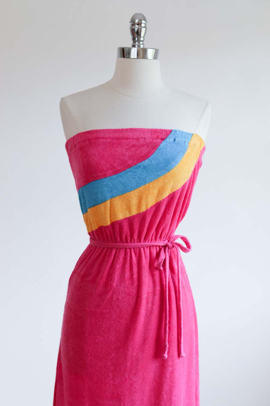 Vintage 1970s Dress - BARBIECORE Hot Pink Blue Yellow Color Block Terrycloth Tube Top Sundress Size XS S M