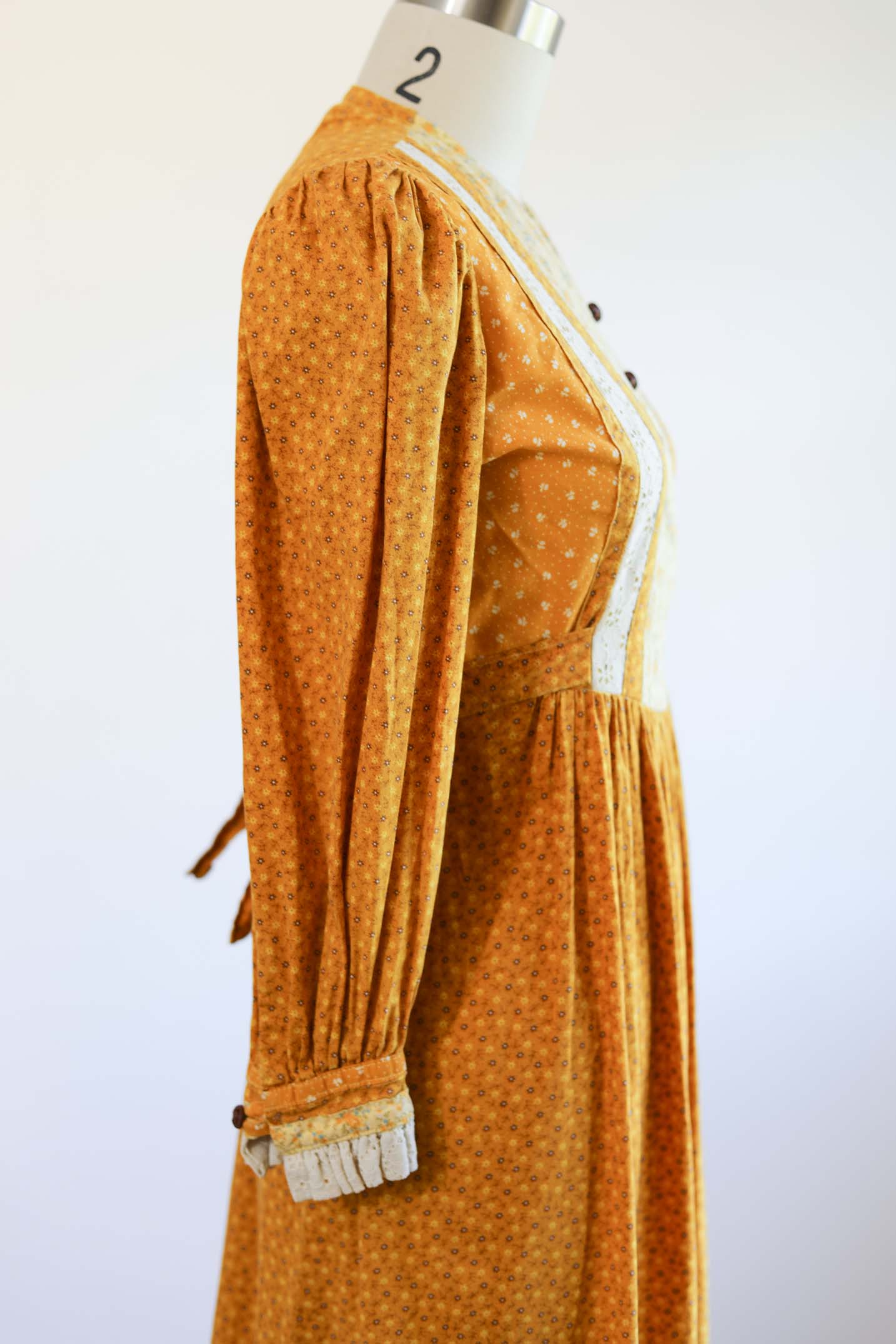 Vintage 1970s Prairie Dress - Unusual Mustard Yellow Gunne Style Calico Cotton Sash Waist Size S