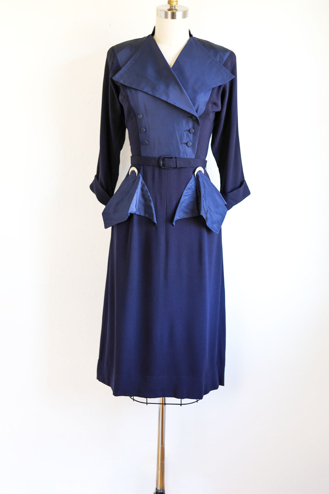 Vintage 1940s Designer Dress - Stellar High-Style Blue Rayon/Taffeta Samuel Grossman w Witchy Crescent Moons Size XS to Small