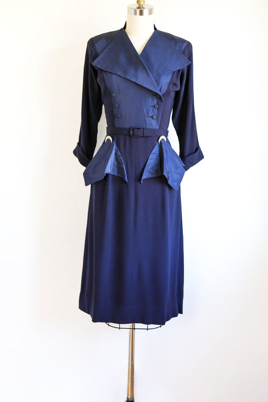Vintage 1940s Designer Dress - Stellar High-Style Blue Rayon/Taffeta Samuel Grossman w Witchy Crescent Moons Size XS to Small