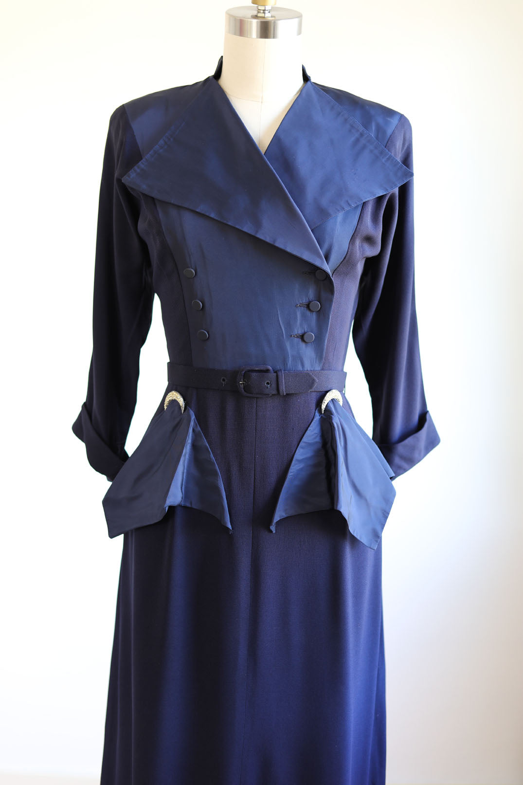 Vintage 1940s Designer Dress - Stellar High-Style Blue Rayon/Taffeta Samuel Grossman w Witchy Crescent Moons Size XS to Small