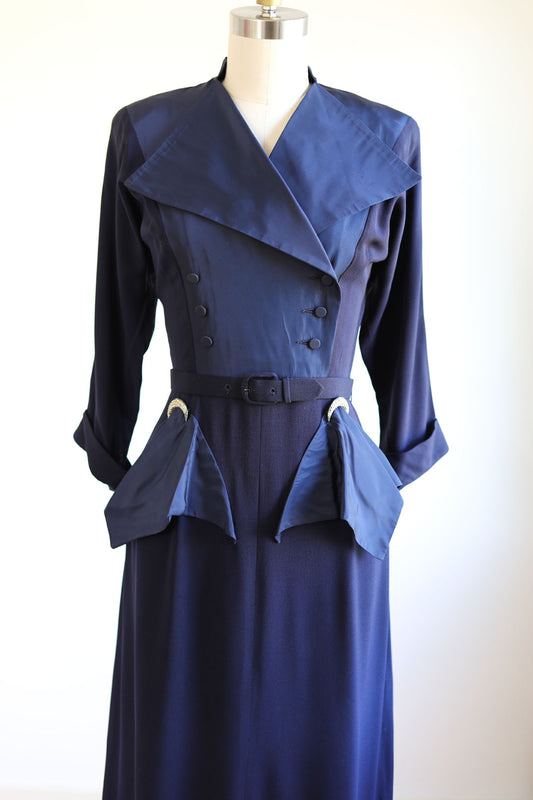 Vintage 1940s Designer Dress - Stellar High-Style Blue Rayon/Taffeta Samuel Grossman w Witchy Crescent Moons Size XS to Small