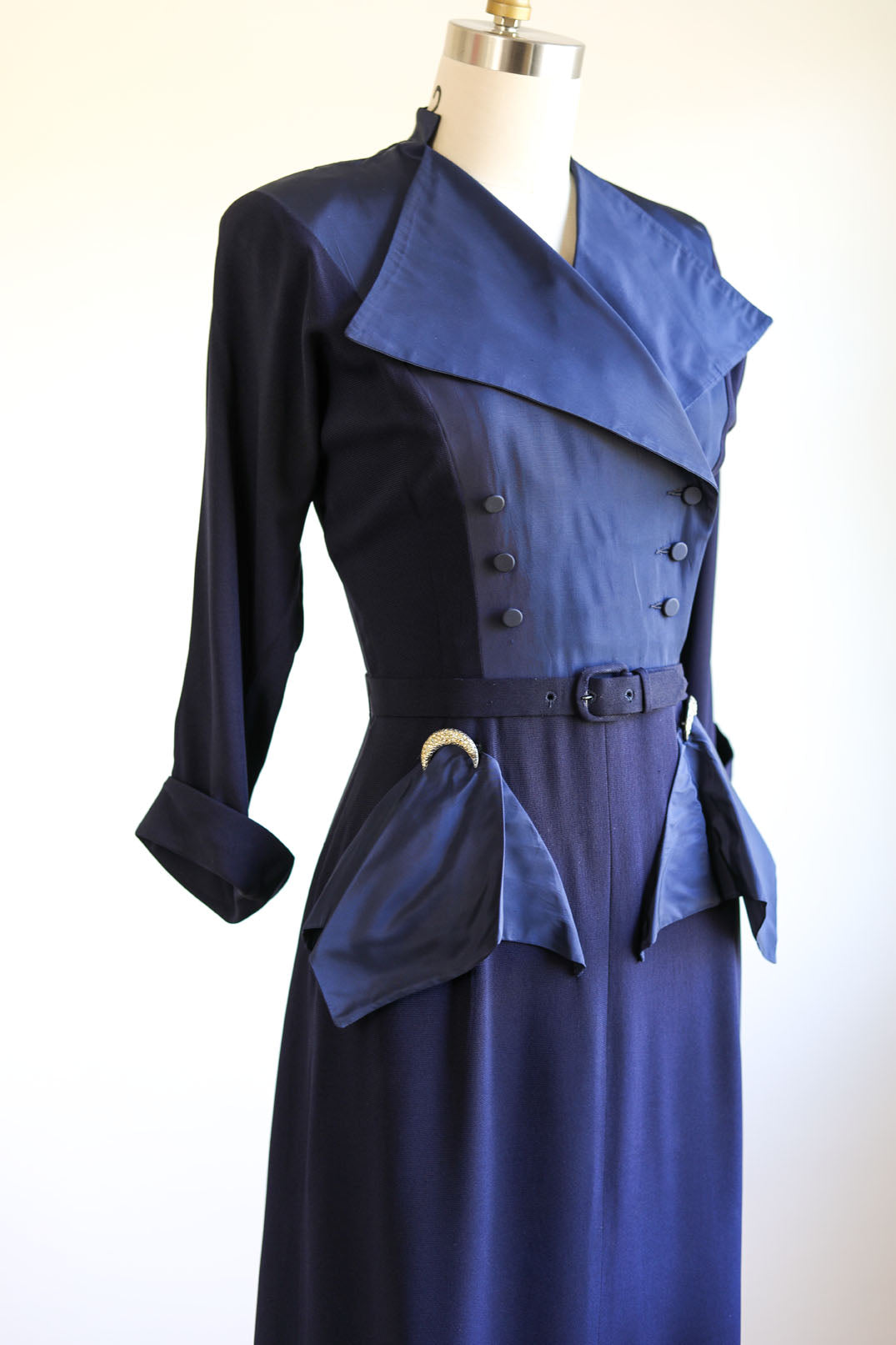Vintage 1940s Designer Dress - Stellar High-Style Blue Rayon/Taffeta Samuel Grossman w Witchy Crescent Moons Size XS to Small