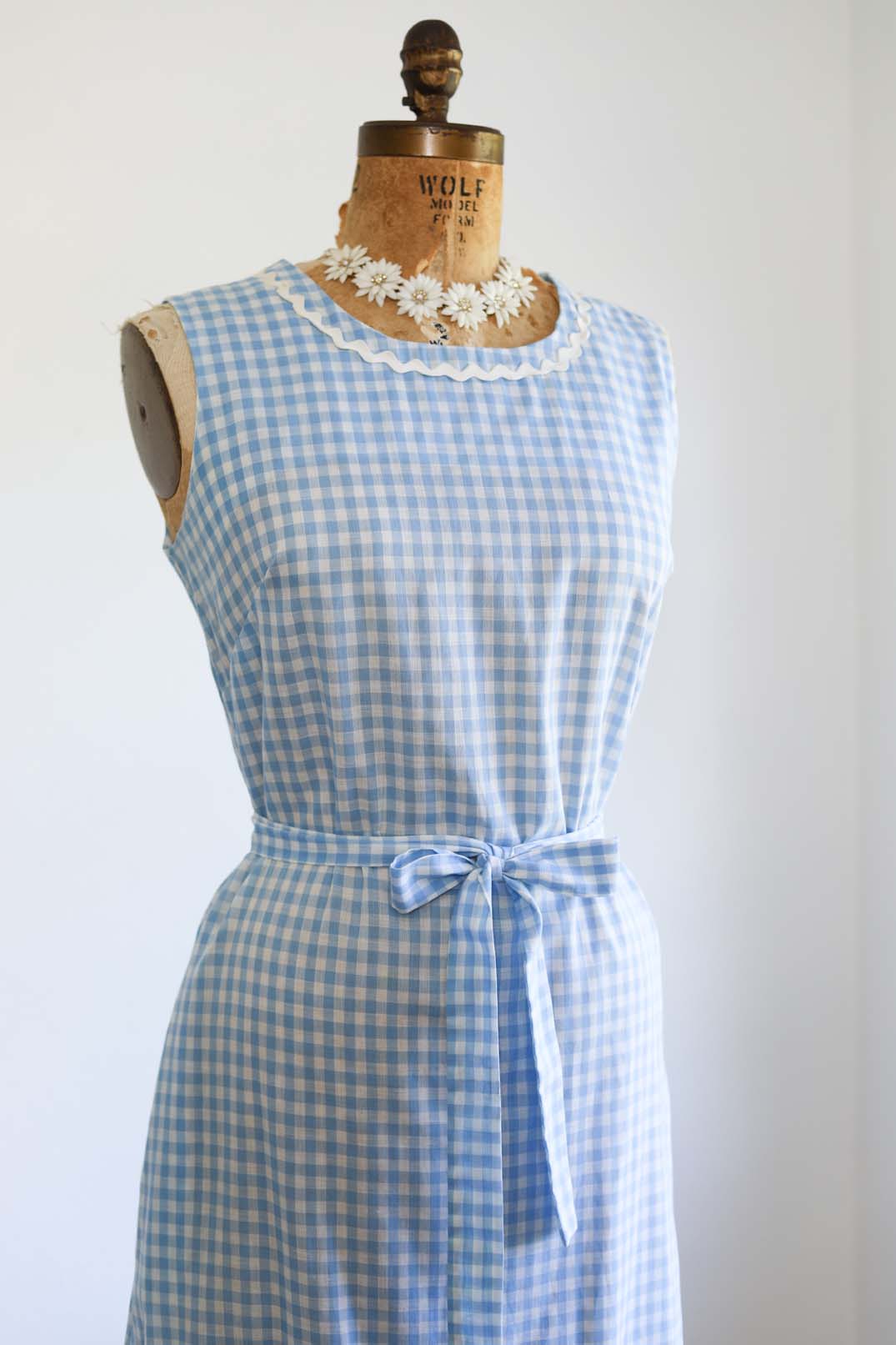 Vintage 1960s Dress - VOLUP Pastel Blue White Gingham Plaid Lounging Sundress w Rickrack and Belt Size L to XL