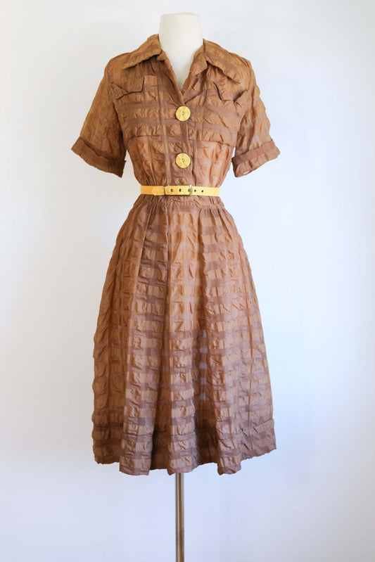 Vintage 1940s to 1950s Cusp Designer Dress - David Crystal "Dreamlon" Semi-Sheer Nylon Shirtwaist w Spiderweb Bakelite Buttons Size L