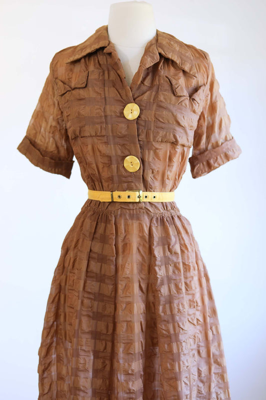 Vintage 1940s to 1950s Cusp Designer Dress - David Crystal "Dreamlon" Semi-Sheer Nylon Shirtwaist w Spiderweb Bakelite Buttons Size L