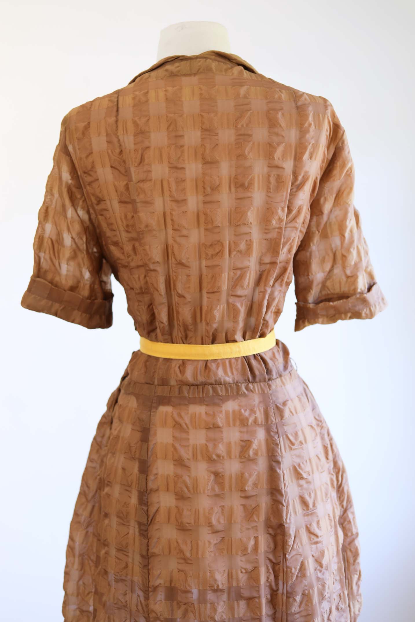 Vintage 1940s to 1950s Cusp Designer Dress - David Crystal "Dreamlon" Semi-Sheer Nylon Shirtwaist w Spiderweb Bakelite Buttons Size L