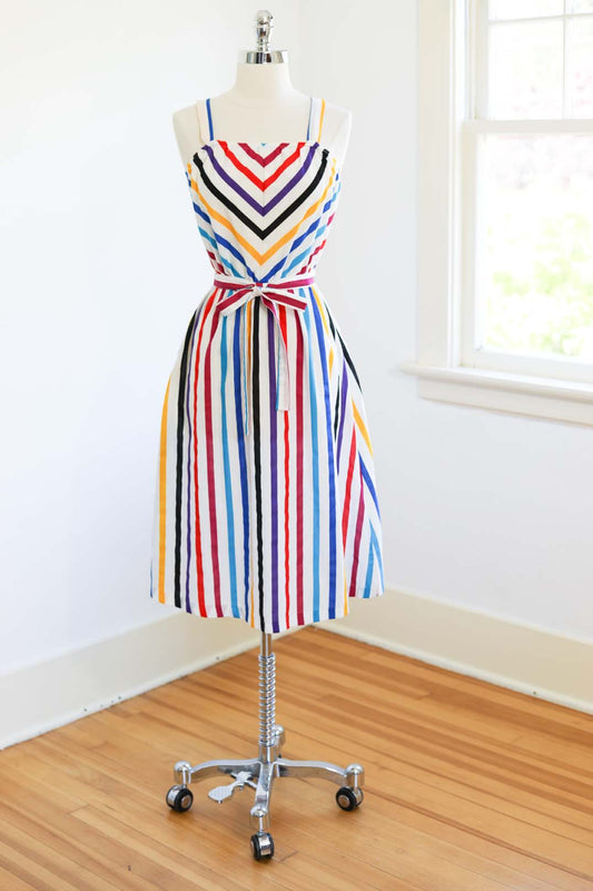 Vintage 1970s Dress - FRUIT STRIPE GUM Rainbow Belted Sundress Size S to M