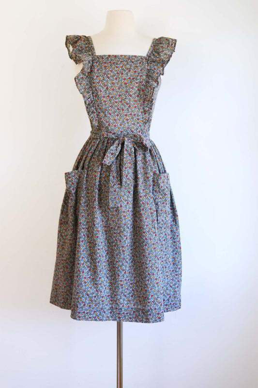 Vintage 1970s Pinafore Sundress - Dainty Soft Cotton Cottagecore Black Calico Jumper Wrap Dress Size XS to M