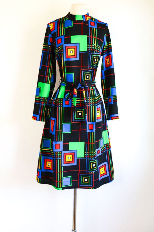 Vintage 1960s to 1970s Geometric Knit Dress - Superb Color Block Mod Mondrian Style Jersey Belted Knitwear Size M to XL