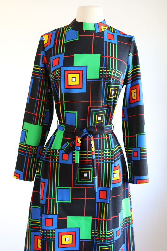 Vintage 1960s to 1970s Geometric Knit Dress - Superb Color Block Mod Mondrian Style Jersey Belted Knitwear Size M to XL