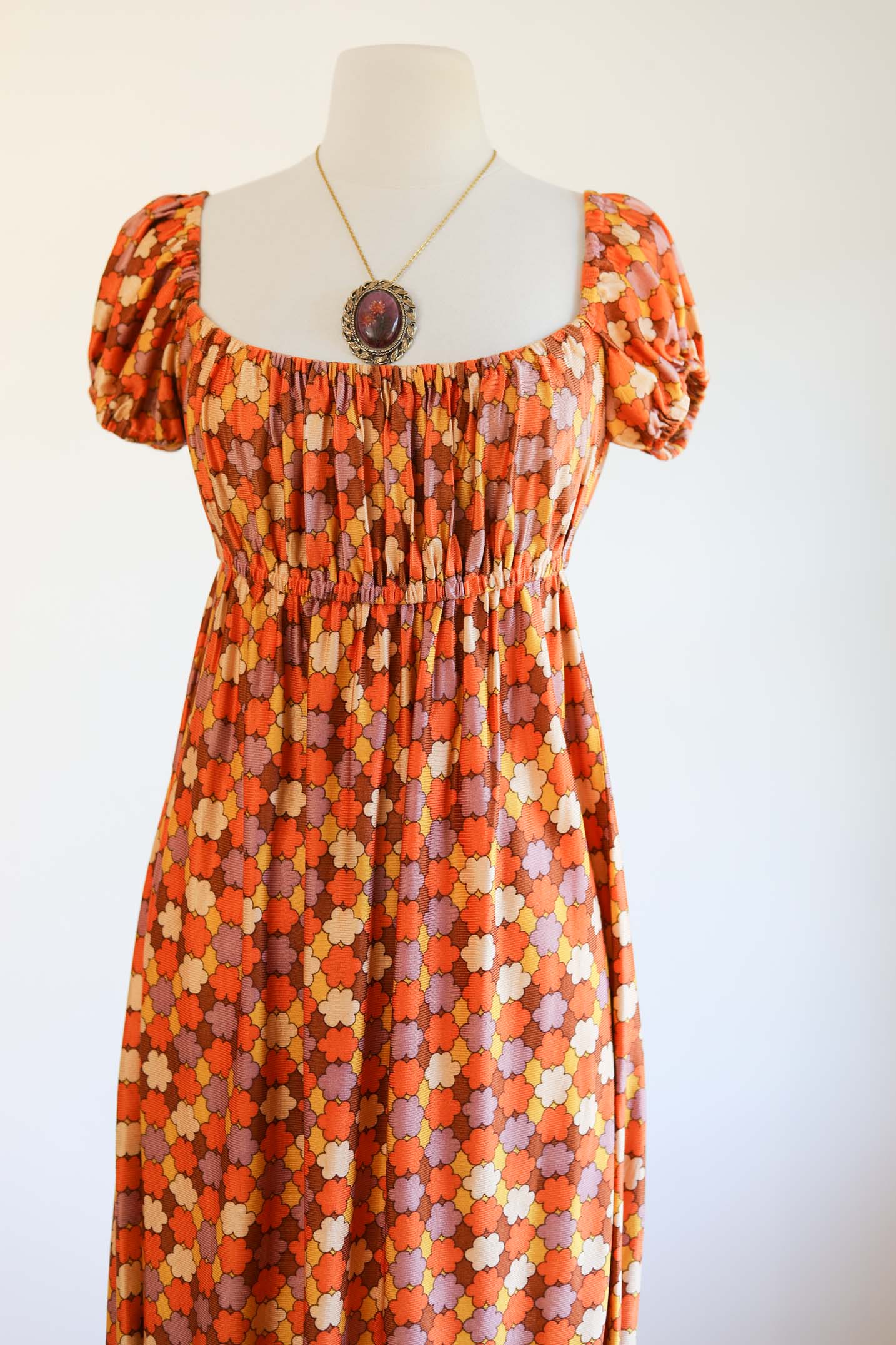 Vintage 1970s Maxi Sundress - Slinky Soft Jersey Autumn Mod Flowers Joy Stevens Dress w Puff Sleeves Size XS to M