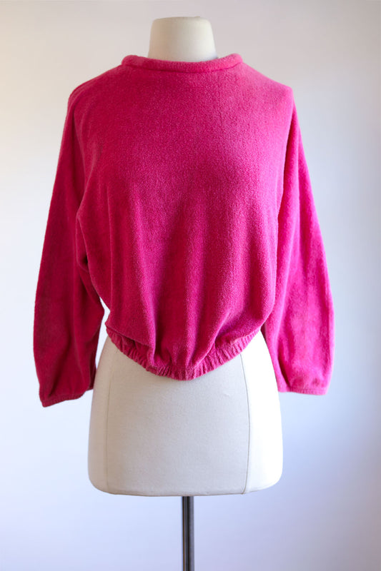 Vintage 1960s Blouse - Documented 1966 Shocking Pink Terry Cloth Knit Rockabilly Designer Batwing Sweater Top Size M to XL