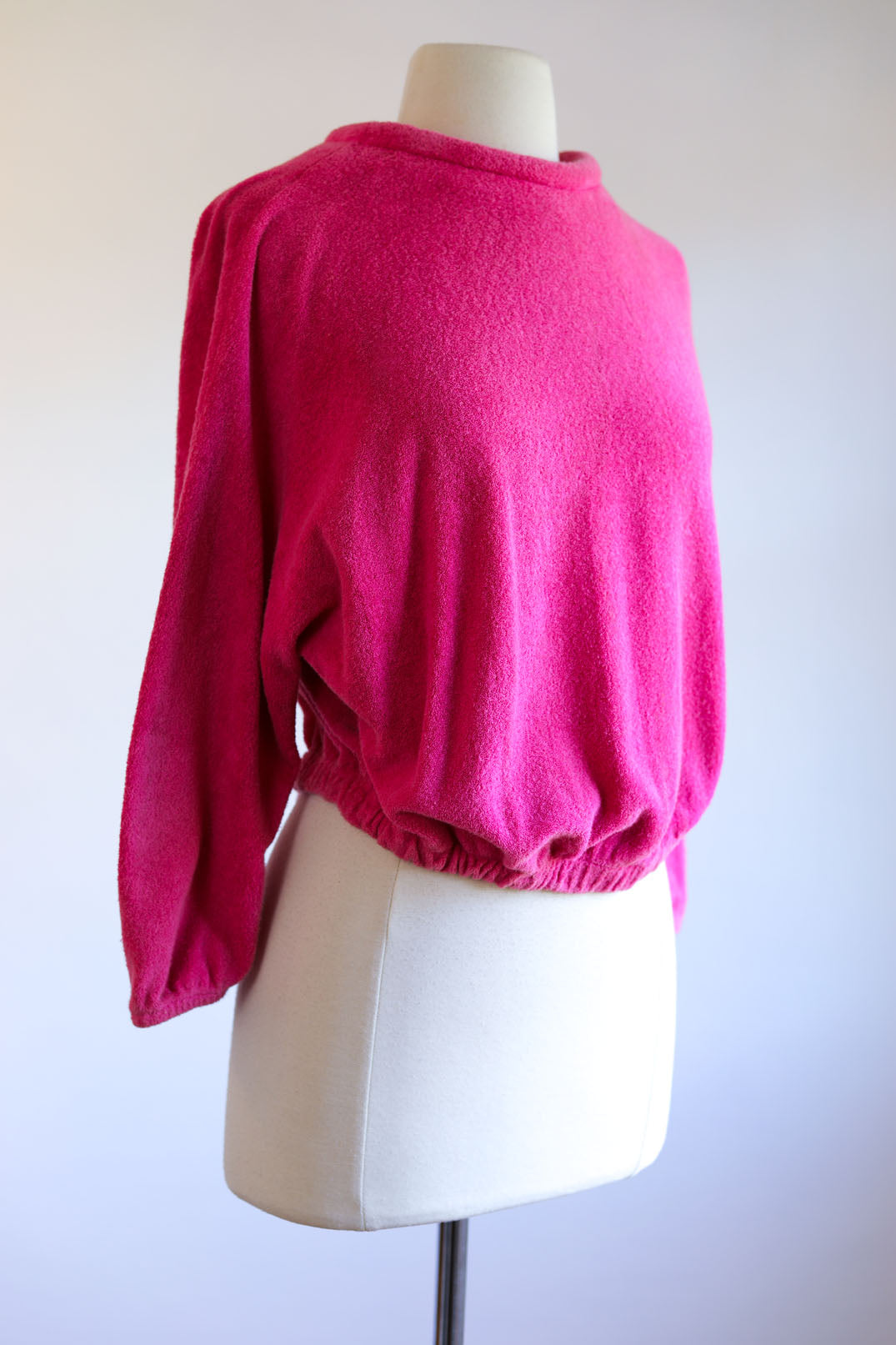 Vintage 1960s Blouse - Documented 1966 Shocking Pink Terry Cloth Knit Rockabilly Designer Batwing Sweater Top Size M to XL