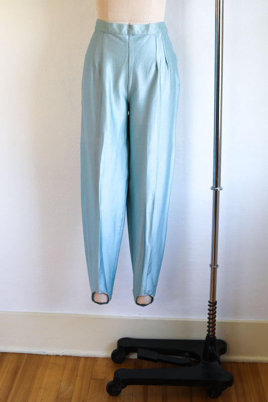 Vintage 1980s does 1960s Stirrup Pants - Sexy Ice Blue-Green Polished Cotton Rayon Side Zip Stretch Slacks Size L W32"