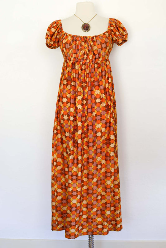 Vintage 1970s Maxi Sundress - Slinky Soft Jersey Autumn Mod Flowers Joy Stevens Dress w Puff Sleeves Size XS to M