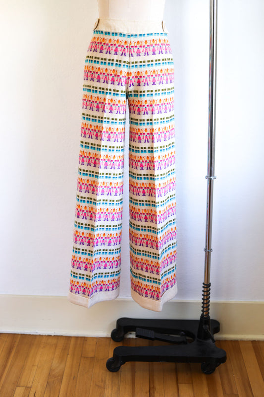 Vintage 1960s to 1970s Wide Leg Pants - "Miss Pat" Designer Linen w Rainbow Embroidery People Slacks Size M