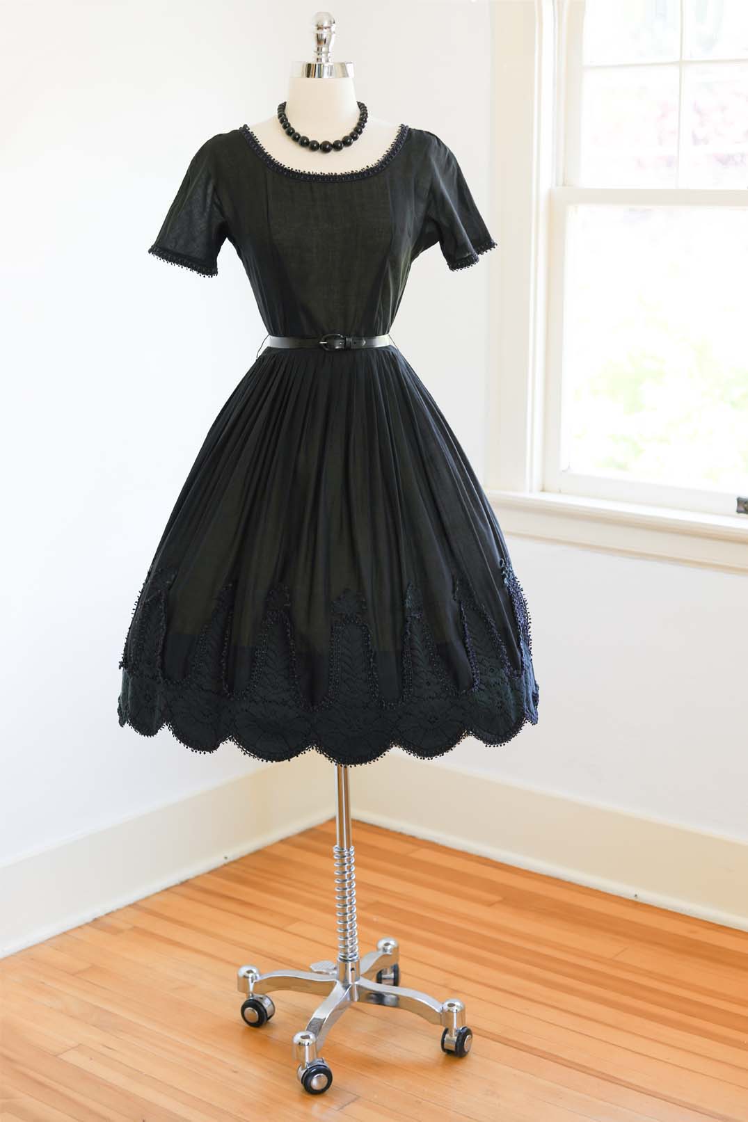 Vintage 1950s Dress - SUMMER GOTH Black + Midnight Blue Gauze Cotton L'Aiglon Sundress w Embellished Hem Size S