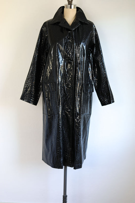 Vintage Early 1960s Wet Look Raincoat - Shiny British Black Vinyl Crocodile Fetish Rainwear All-Weather Coat Size M to L