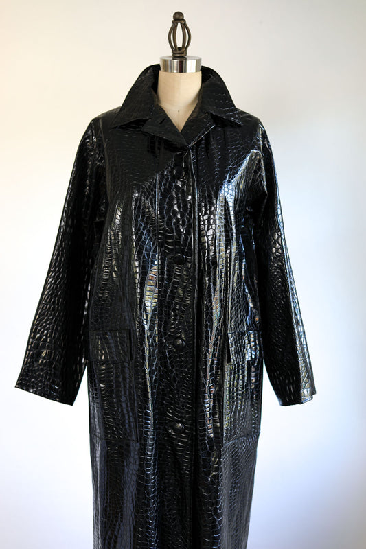 Vintage Early 1960s Wet Look Raincoat - Shiny British Black Vinyl Crocodile Fetish Rainwear All-Weather Coat Size M to L