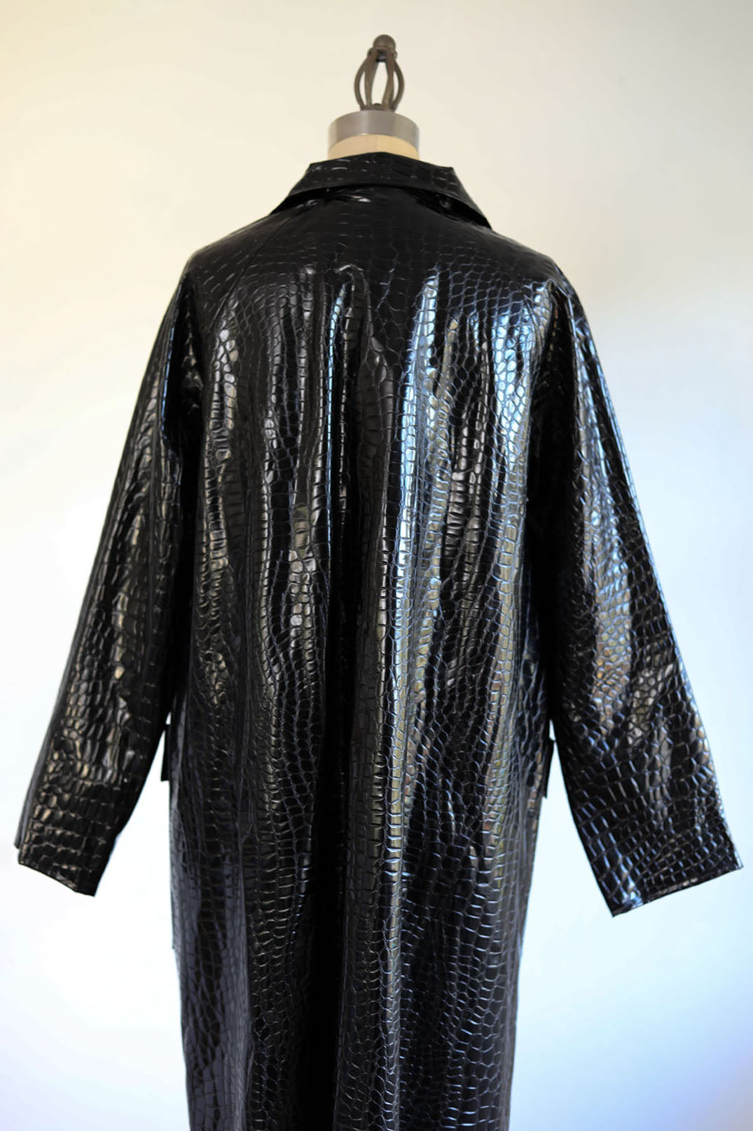 Vintage Early 1960s Wet Look Raincoat - Shiny British Black Vinyl Crocodile Fetish Rainwear All-Weather Coat Size M to L