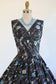 Vintage 1950s Dress - GORGEOUS Pixilated Black White Turquoise Daisy Print Cotton Shelf Bust Sundress Size S