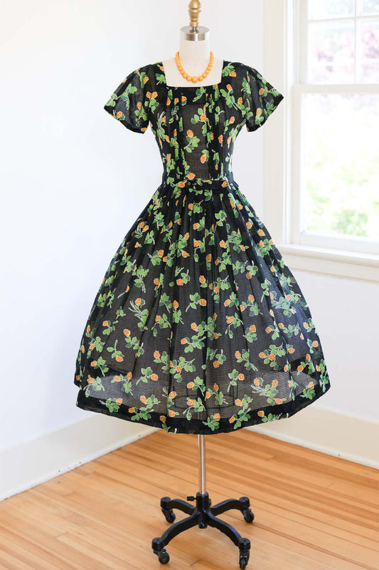 Vintage 1950s Dress - Jet Black w Green Yellow Orange Rose Print Gauze Cotton Belted Sundress Size XS - S