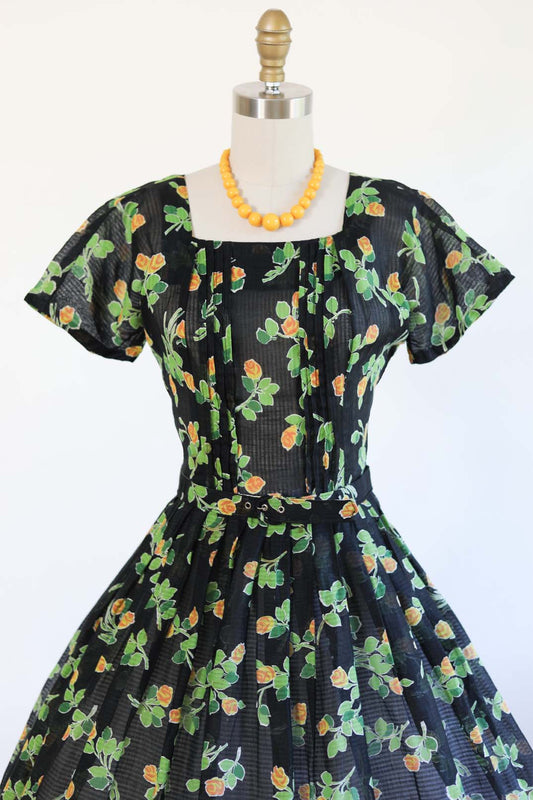 Vintage 1950s Dress - Jet Black w Green Yellow Orange Rose Print Gauze Cotton Belted Sundress Size XS - S