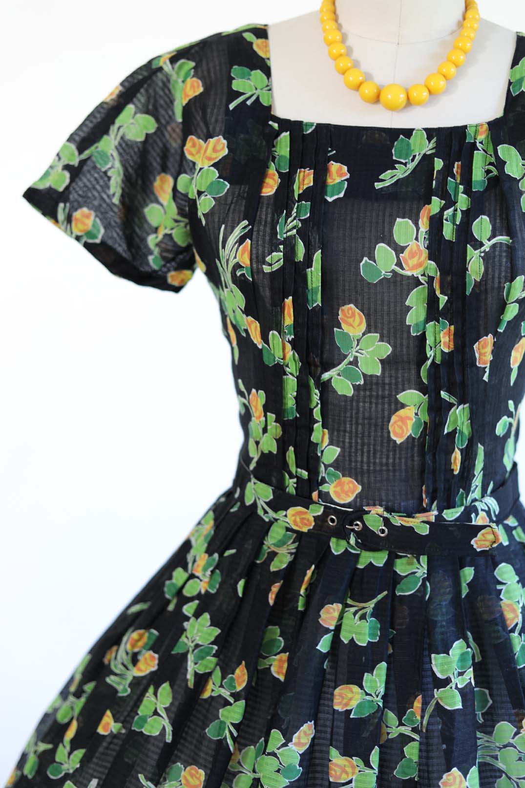 Vintage 1950s Dress - Jet Black w Green Yellow Orange Rose Print Gauze Cotton Belted Sundress Size XS - S