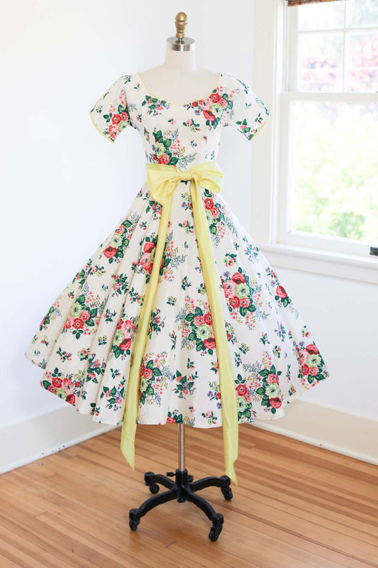 Vintage 1940s to 1950s Dress - GORGEOUS Swishy Bias-Cut Taffeta w Saturated Rose Print + Long Chartreuse Sash Size XS to S