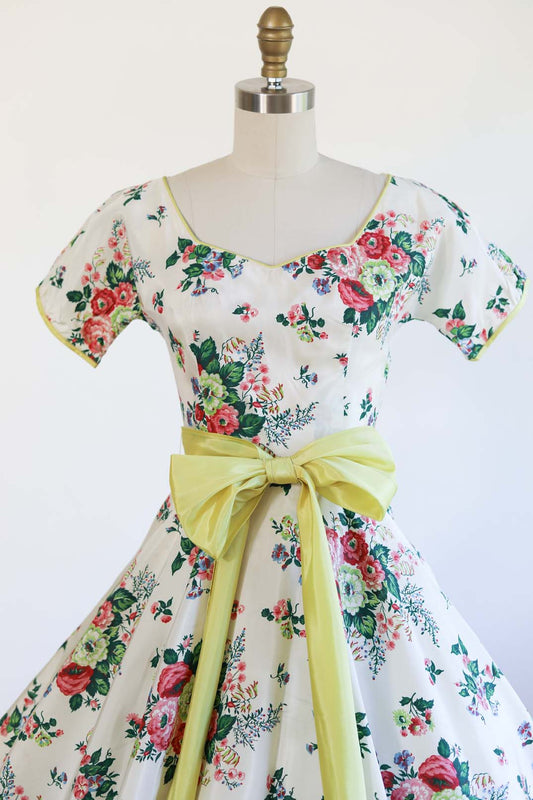 Vintage 1940s to 1950s Dress - GORGEOUS Swishy Bias-Cut Taffeta w Saturated Rose Print + Long Chartreuse Sash Size XS to S