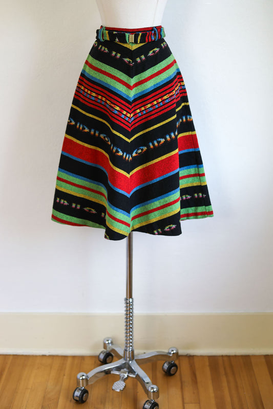 Vintage 1970s Skirt - Striking Wool Black Rainbow Serape Bias High Waist w Rare Belt Size S
